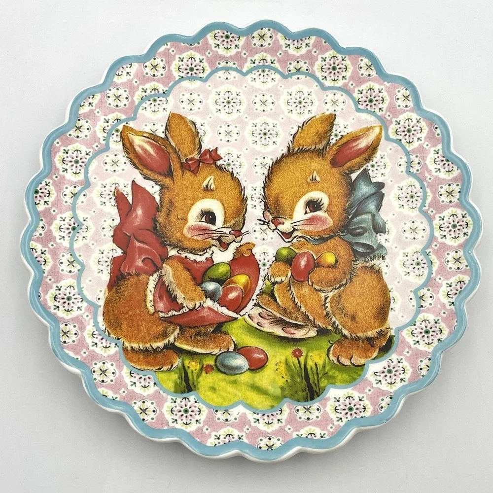 Mr Christmas Easter Bunny Ceramic Luncheon‎ Plate Scalloped Pink Blue 8